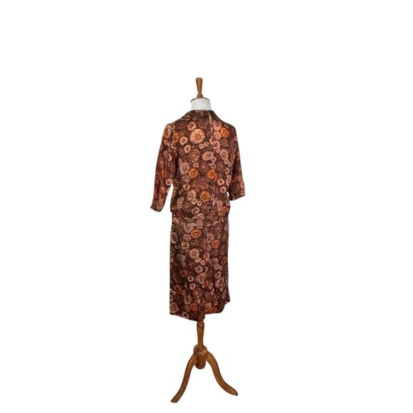 Vintage 1960s  Two-Piece Dress Set Brown Orange Floral Mums Print Boho Retro XS - Picture 7 of 8